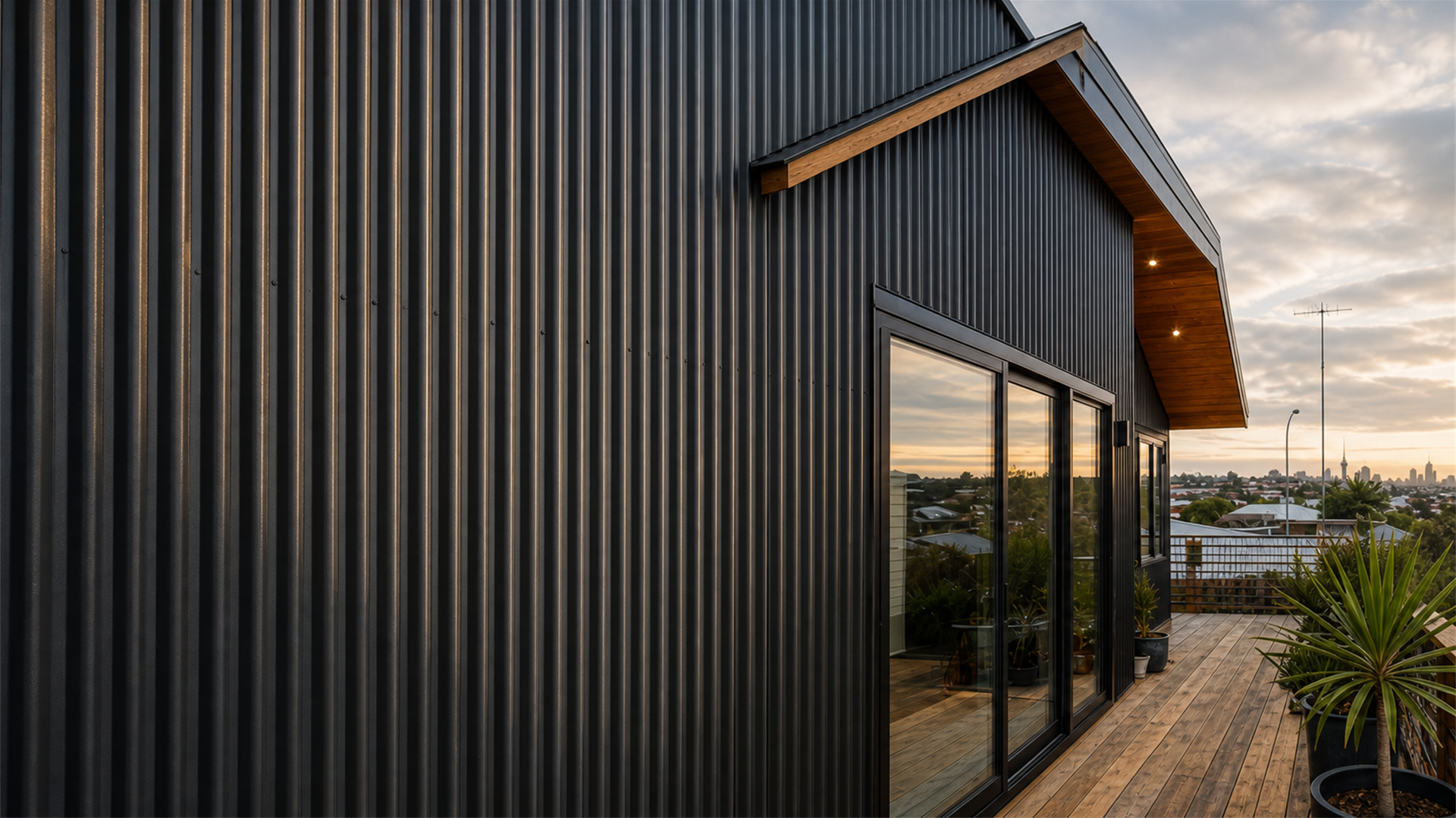 Charcoal metal-clad Auckland home at dusk with a timber deck